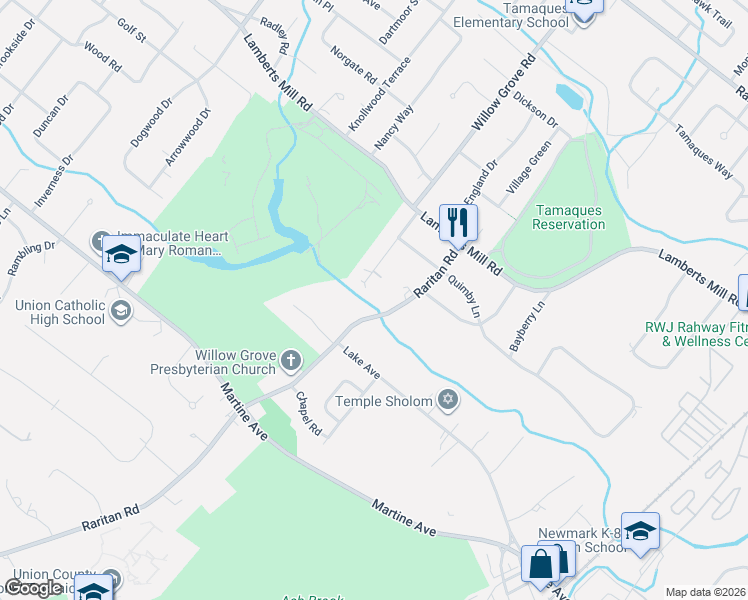 map of restaurants, bars, coffee shops, grocery stores, and more near 2061 Raritan Road in Scotch Plains