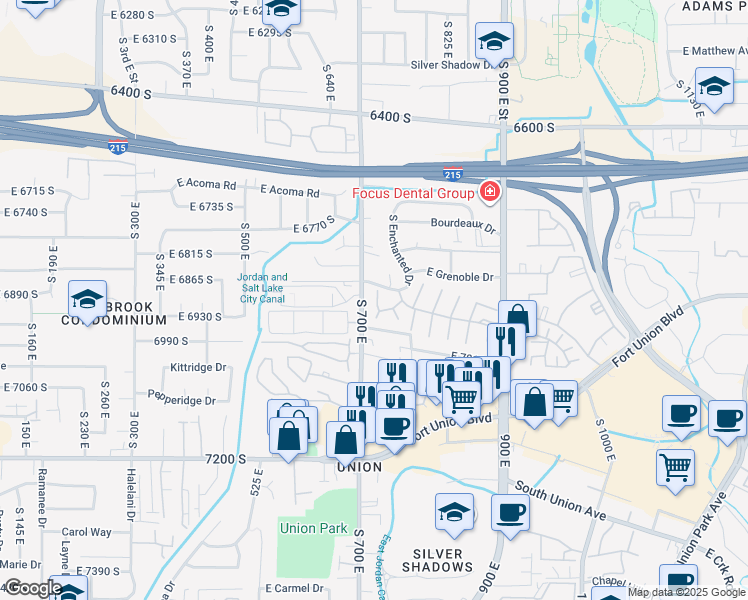 map of restaurants, bars, coffee shops, grocery stores, and more near 6898 South 725 East Street in Midvale