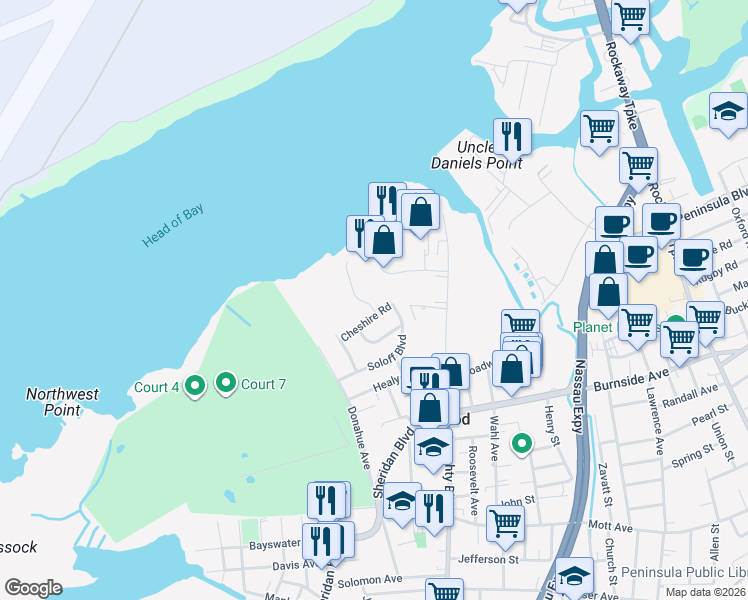 map of restaurants, bars, coffee shops, grocery stores, and more near 32 Meadow Road in Inwood