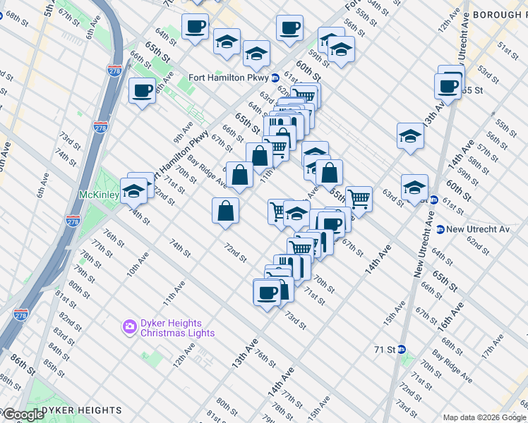 map of restaurants, bars, coffee shops, grocery stores, and more near 1144 68th Street in Brooklyn