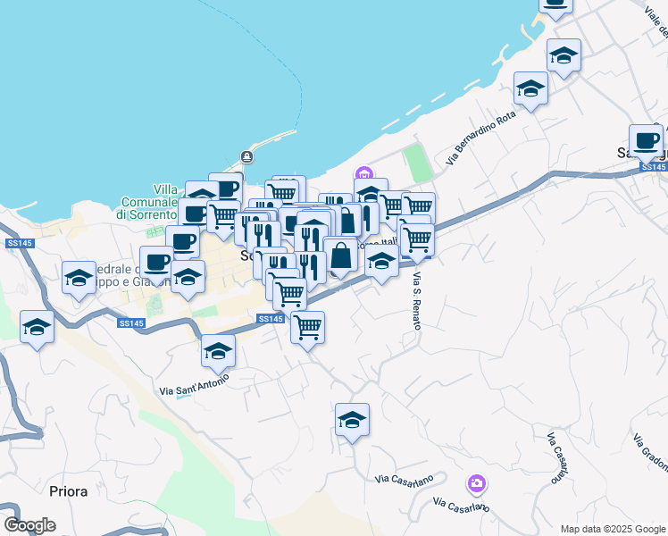 map of restaurants, bars, coffee shops, grocery stores, and more near Piazza Giovanni Battista de Curtis in Sorrento