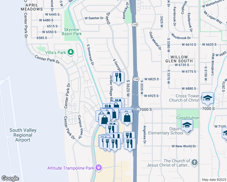 map of restaurants, bars, coffee shops, grocery stores, and more near 6889 Jordan Village Road in West Jordan