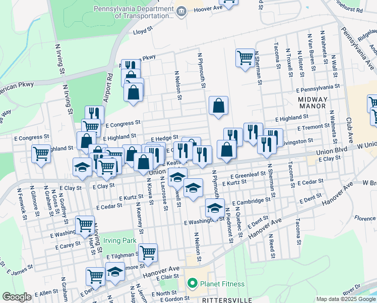 map of restaurants, bars, coffee shops, grocery stores, and more near 1401 East Livingston Street in Allentown