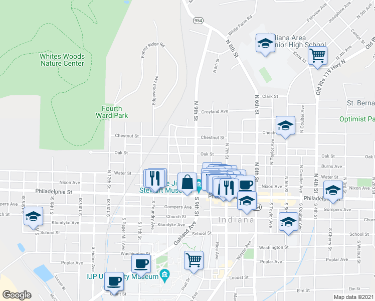 map of restaurants, bars, coffee shops, grocery stores, and more near 919 Oak Street in Indiana