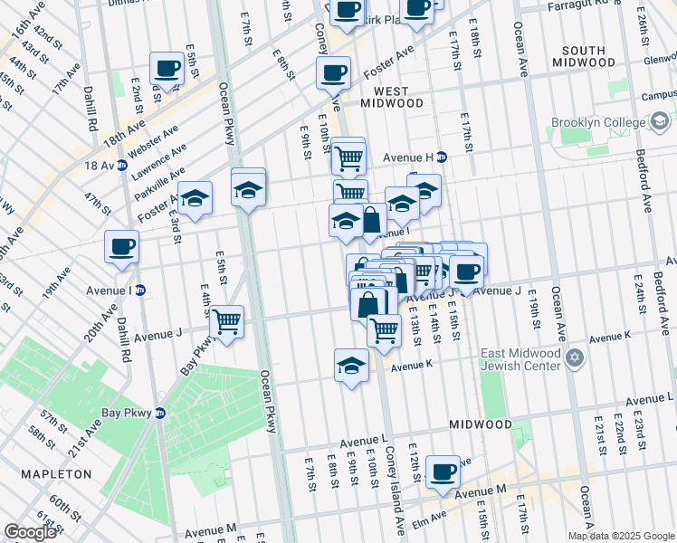 map of restaurants, bars, coffee shops, grocery stores, and more near 944 East 10th Street in Brooklyn