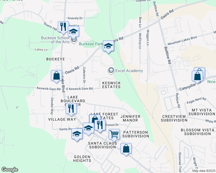 map of restaurants, bars, coffee shops, grocery stores, and more near 3740 East Keswick Dam Road in Redding