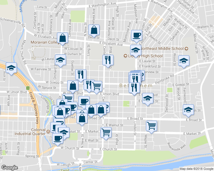 map of restaurants, bars, coffee shops, grocery stores, and more near 110 East Goepp Street in Bethlehem