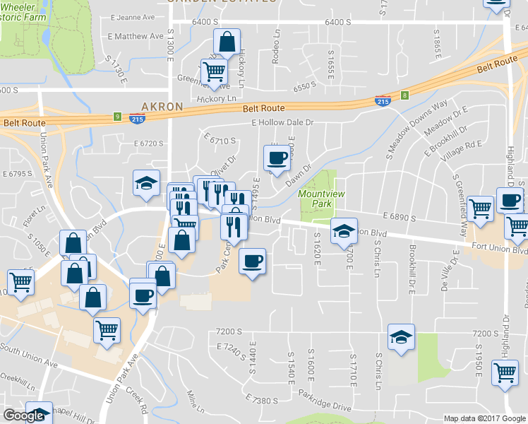 map of restaurants, bars, coffee shops, grocery stores, and more near 1505 Fort Union Boulevard in Cottonwood Heights