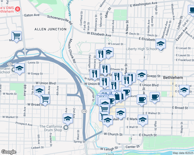 map of restaurants, bars, coffee shops, grocery stores, and more near 115 West Goepp Street in Bethlehem