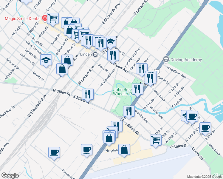 map of restaurants, bars, coffee shops, grocery stores, and more near 234 West Stimpson Avenue in Linden