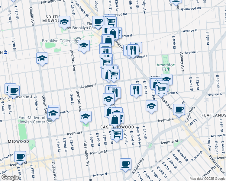 map of restaurants, bars, coffee shops, grocery stores, and more near 2409 Nostrand Avenue in Brooklyn