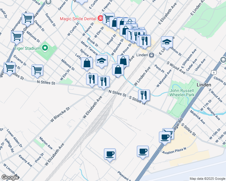 map of restaurants, bars, coffee shops, grocery stores, and more near 12 N Stiles St in Linden