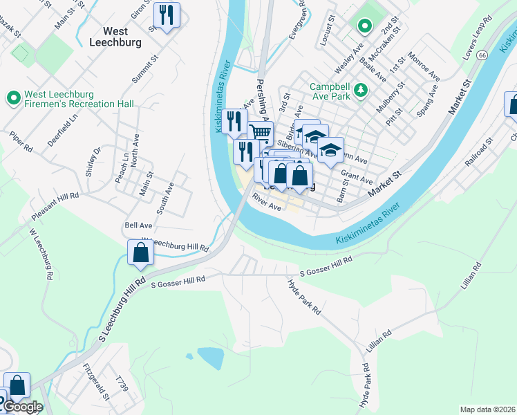 map of restaurants, bars, coffee shops, grocery stores, and more near 114 River Avenue in Leechburg
