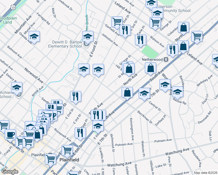 map of restaurants, bars, coffee shops, grocery stores, and more near 321 Berckman Street in Plainfield