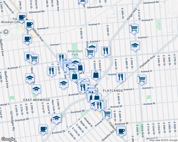 map of restaurants, bars, coffee shops, grocery stores, and more near 1928 Albany Avenue in Brooklyn