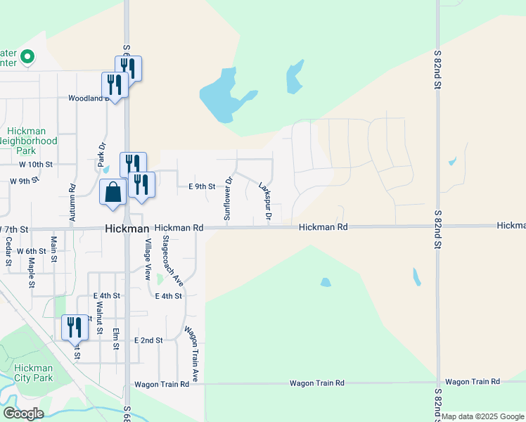 map of restaurants, bars, coffee shops, grocery stores, and more near 745 Larkspur Drive in Hickman