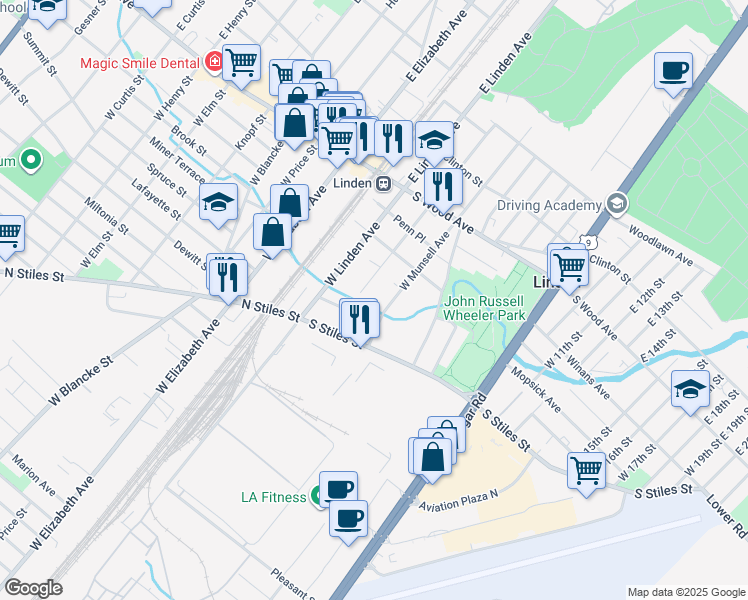map of restaurants, bars, coffee shops, grocery stores, and more near 301 West Morris Avenue in Linden