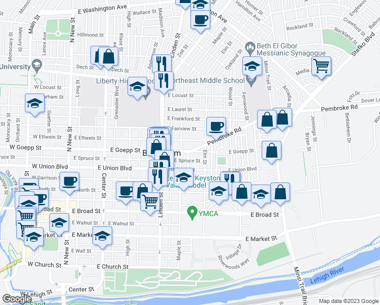 map of restaurants, bars, coffee shops, grocery stores, and more near 420 East Goepp Street in Bethlehem