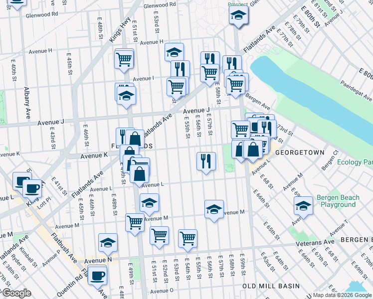 map of restaurants, bars, coffee shops, grocery stores, and more near 5420 Avenue K in Brooklyn