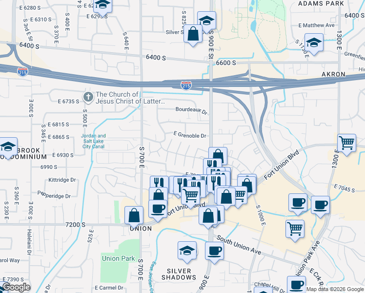 map of restaurants, bars, coffee shops, grocery stores, and more near 6893 S 800 E in Midvale