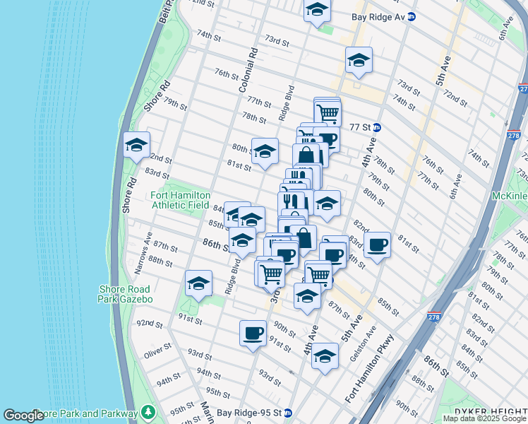 map of restaurants, bars, coffee shops, grocery stores, and more near 8301 Ridge Boulevard in Brooklyn