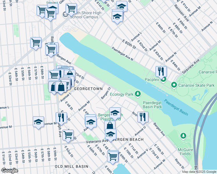 map of restaurants, bars, coffee shops, grocery stores, and more near 7265 Bergen Court in Brooklyn