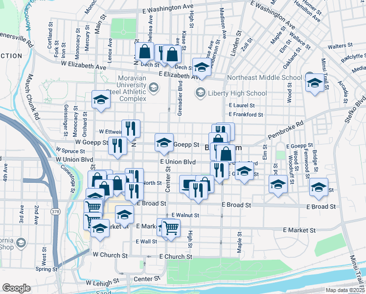 map of restaurants, bars, coffee shops, grocery stores, and more near 130 East Goepp Street in Bethlehem