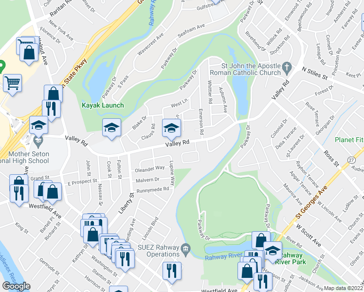 map of restaurants, bars, coffee shops, grocery stores, and more near 315 Valley Rd in Clark