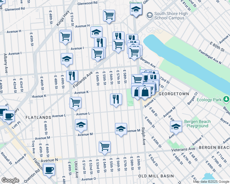 map of restaurants, bars, coffee shops, grocery stores, and more near 1217 East 56th Street in Brooklyn