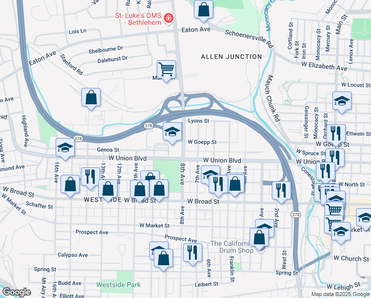 map of restaurants, bars, coffee shops, grocery stores, and more near 824 8th Avenue in Bethlehem
