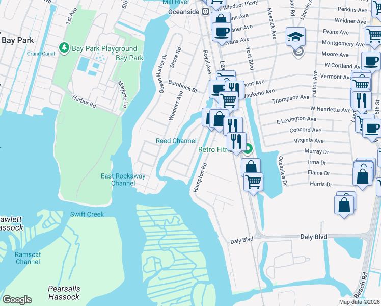 map of restaurants, bars, coffee shops, grocery stores, and more near 3482 Westminster Road in Oceanside