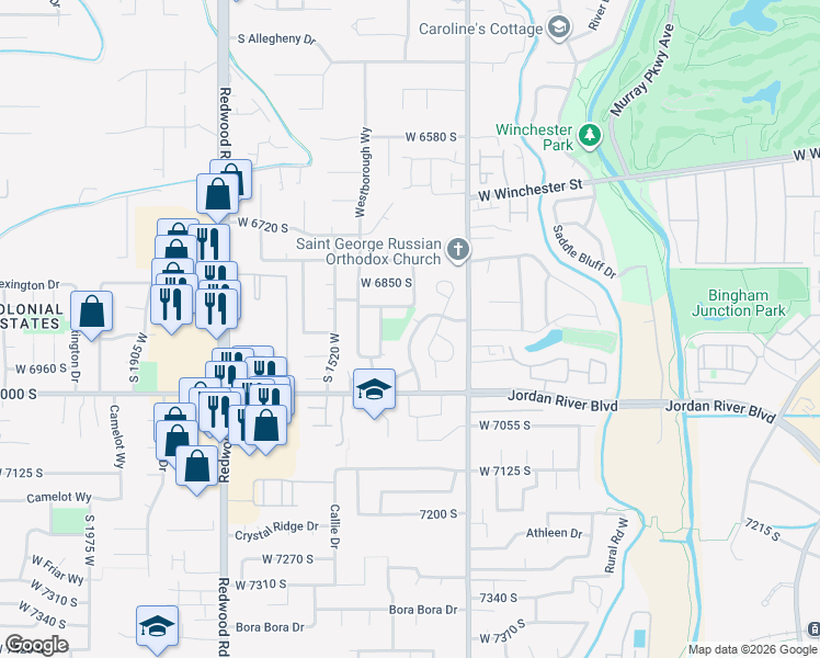 map of restaurants, bars, coffee shops, grocery stores, and more near 6898 South Columbia Drive in West Jordan