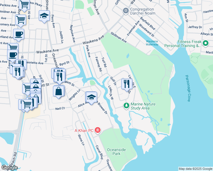map of restaurants, bars, coffee shops, grocery stores, and more near 305 Links Drive West in Oceanside