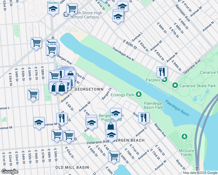 map of restaurants, bars, coffee shops, grocery stores, and more near 7265 Bergen Court in Brooklyn