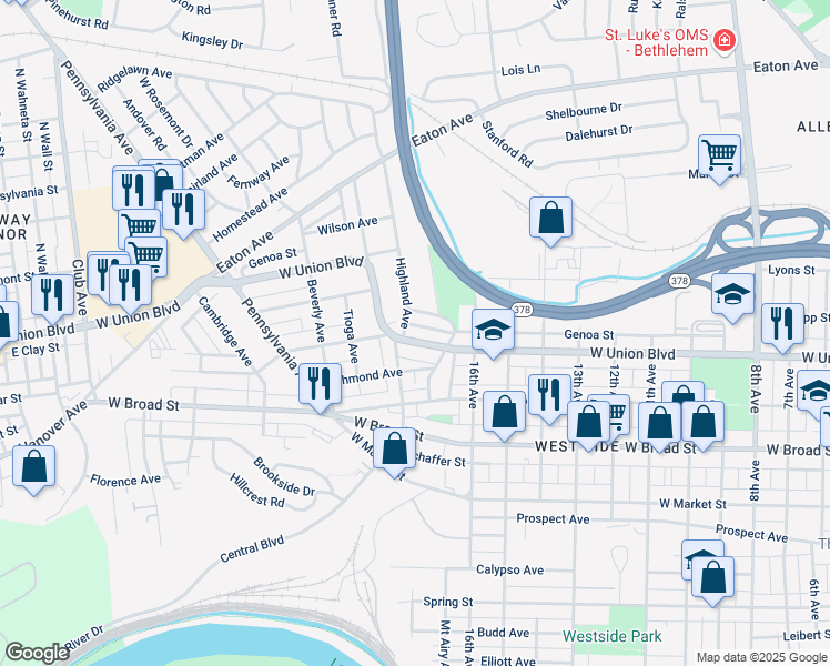 map of restaurants, bars, coffee shops, grocery stores, and more near 1756 West Union Boulevard in Bethlehem