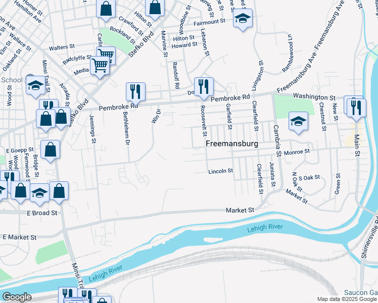 map of restaurants, bars, coffee shops, grocery stores, and more near 1040 Kossuth Street in Freemansburg
