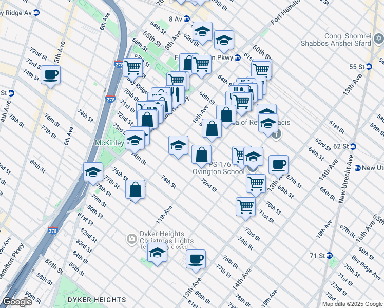 map of restaurants, bars, coffee shops, grocery stores, and more near 1047 71st Street in Brooklyn
