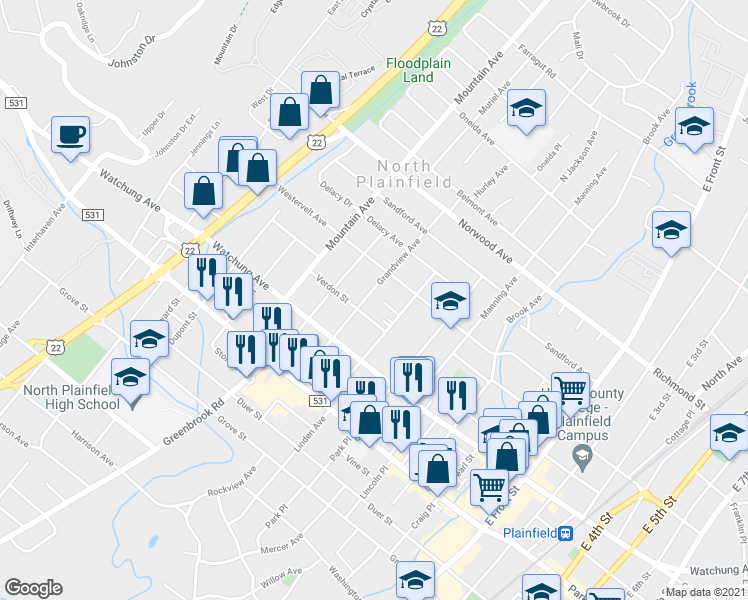 map of restaurants, bars, coffee shops, grocery stores, and more near 94 Grandview Avenue in North Plainfield