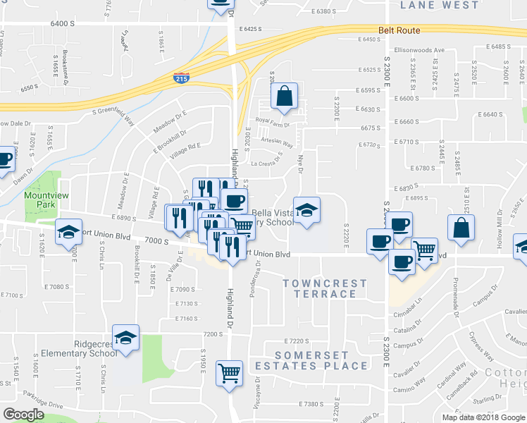 map of restaurants, bars, coffee shops, grocery stores, and more near 2050 East Kane Circle in Salt Lake City