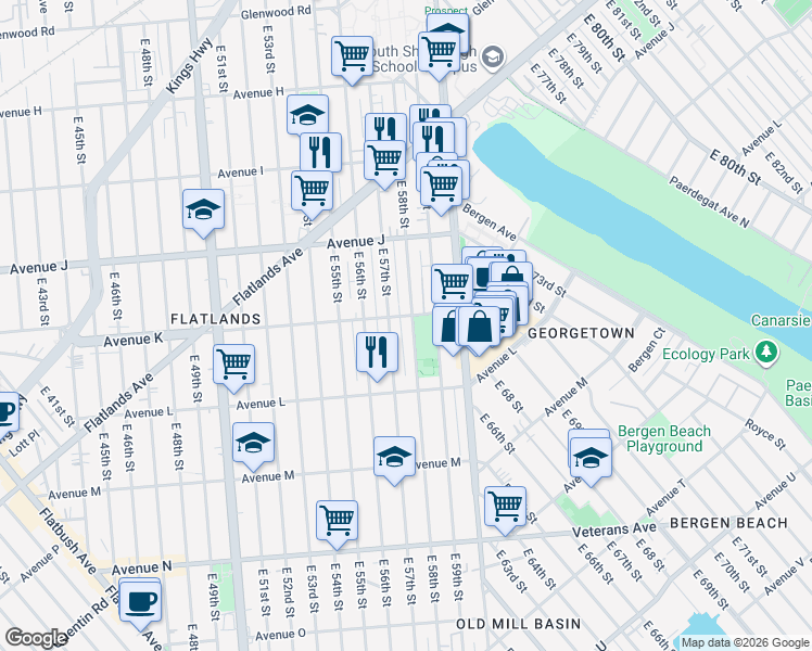 map of restaurants, bars, coffee shops, grocery stores, and more near 1170 East 58th Street in Brooklyn