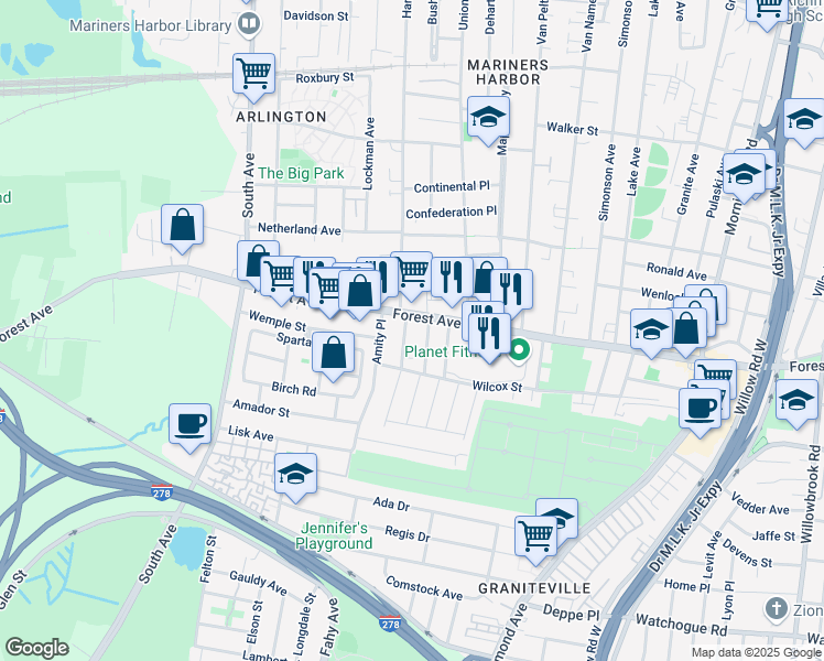 map of restaurants, bars, coffee shops, grocery stores, and more near 15 Summerfield Place in Staten Island