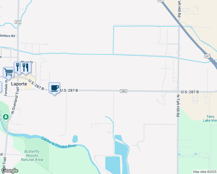map of restaurants, bars, coffee shops, grocery stores, and more near 2532 County Road 54G in Fort Collins