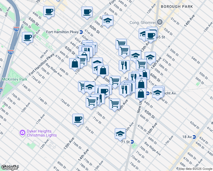 map of restaurants, bars, coffee shops, grocery stores, and more near 1257 66th Street in Brooklyn