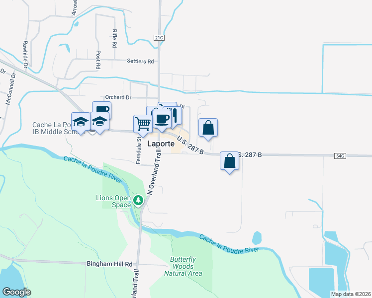 map of restaurants, bars, coffee shops, grocery stores, and more near 3206 West County Road 54G in Laporte