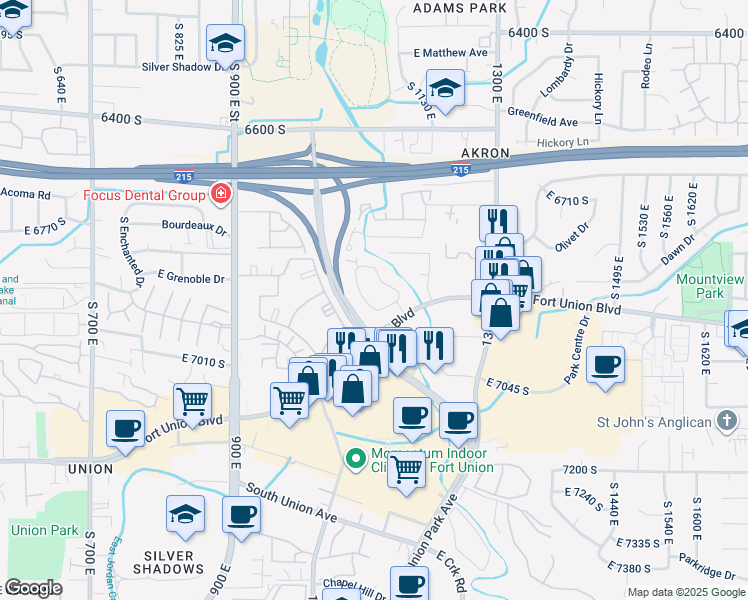 map of restaurants, bars, coffee shops, grocery stores, and more near 6884 Countrywoods Circle in Midvale