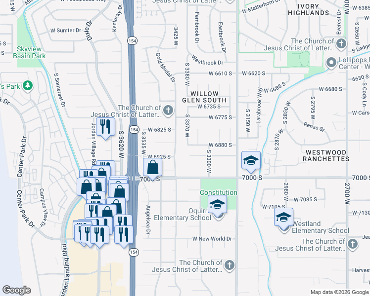 map of restaurants, bars, coffee shops, grocery stores, and more near 3383 West 6880 South in West Jordan