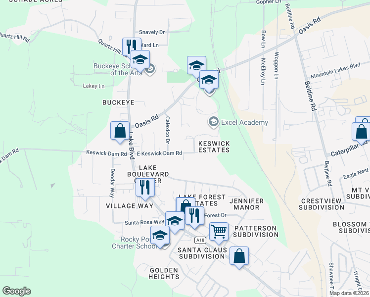 map of restaurants, bars, coffee shops, grocery stores, and more near 3586 East Keswick Dam Road in Redding