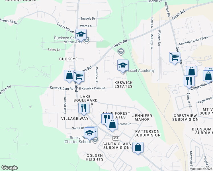map of restaurants, bars, coffee shops, grocery stores, and more near 3586 East Keswick Dam Road in Redding