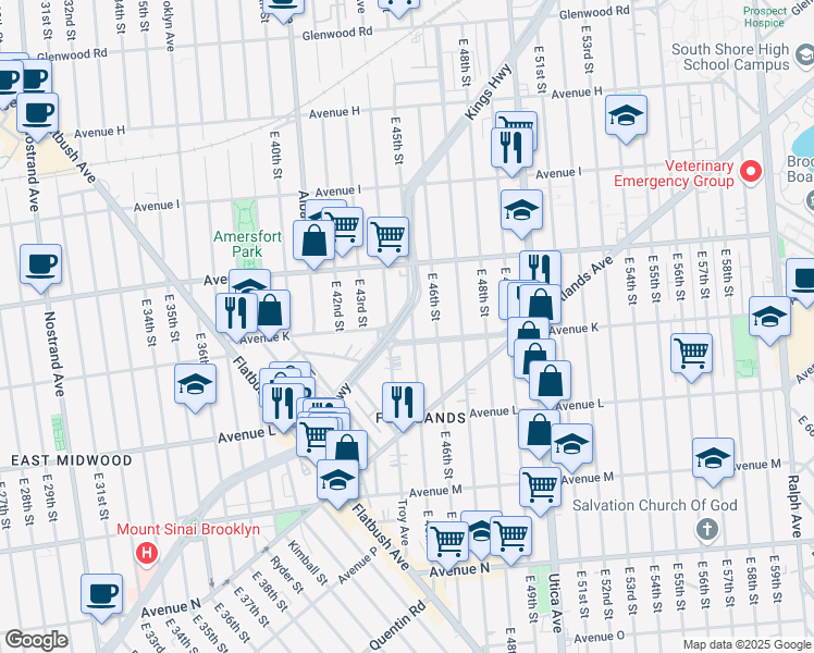 map of restaurants, bars, coffee shops, grocery stores, and more near 1432 East 46th Street in Brooklyn