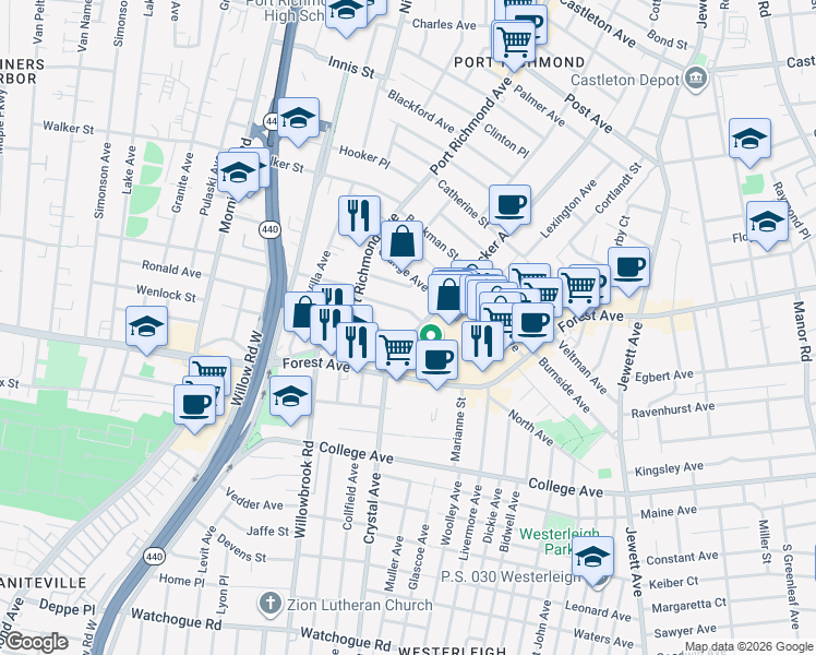 map of restaurants, bars, coffee shops, grocery stores, and more near 314 Decker Avenue in Staten Island